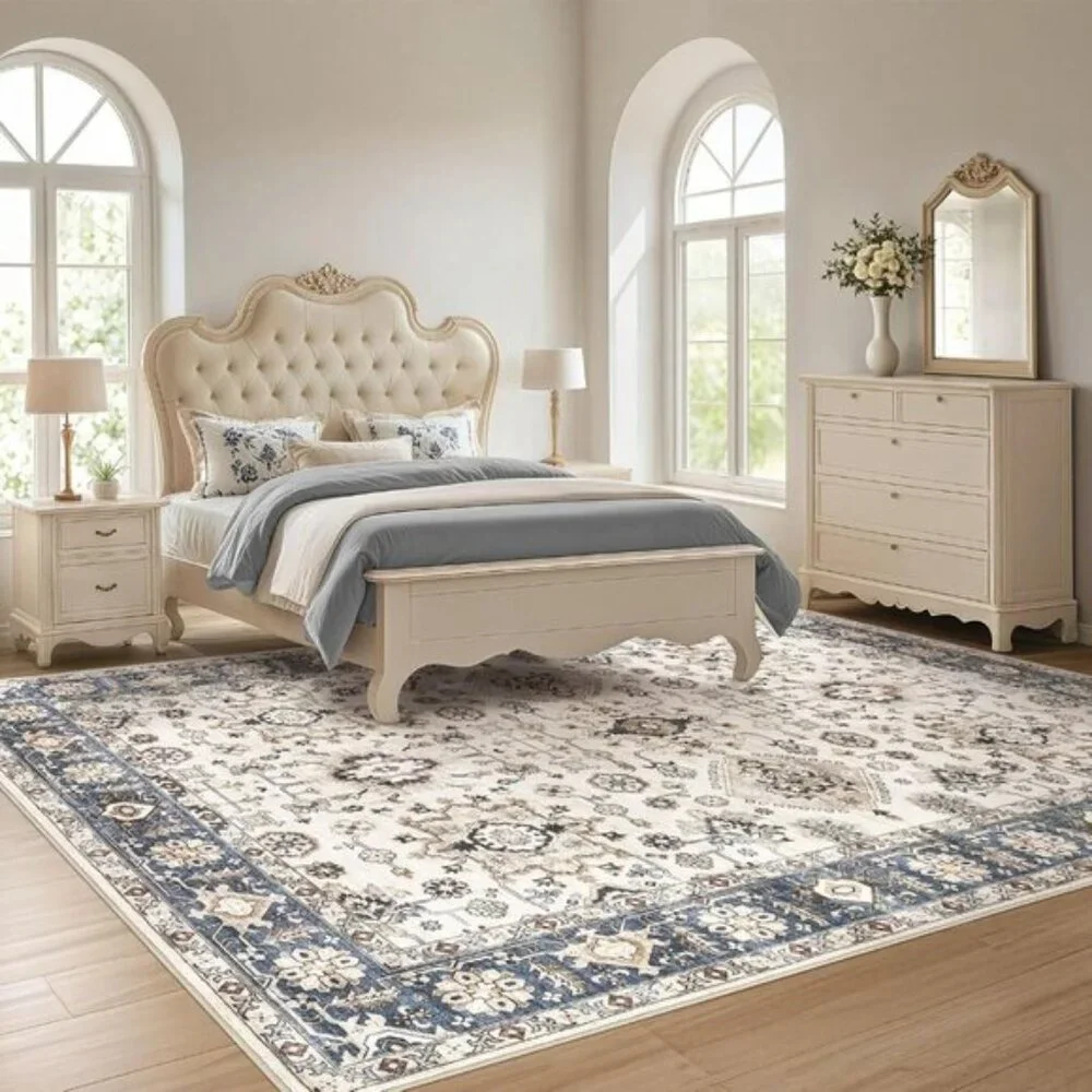 New 5x7 Blue Washable Area Rug Vintage Non-Slip Carpet for Living Room Home